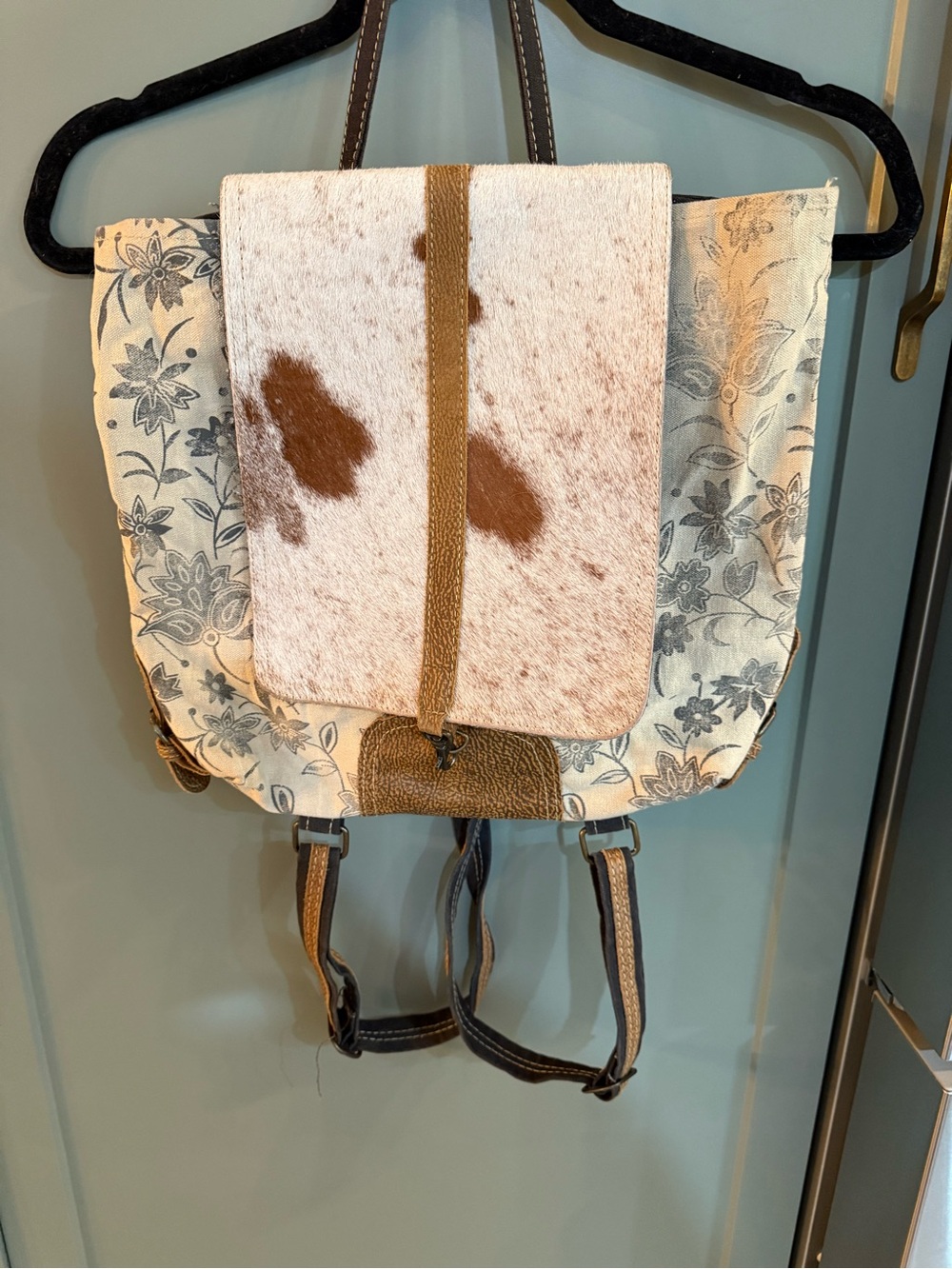 Myra Floral Canvas & Cowhide Accent Backpack - Cream and Brown